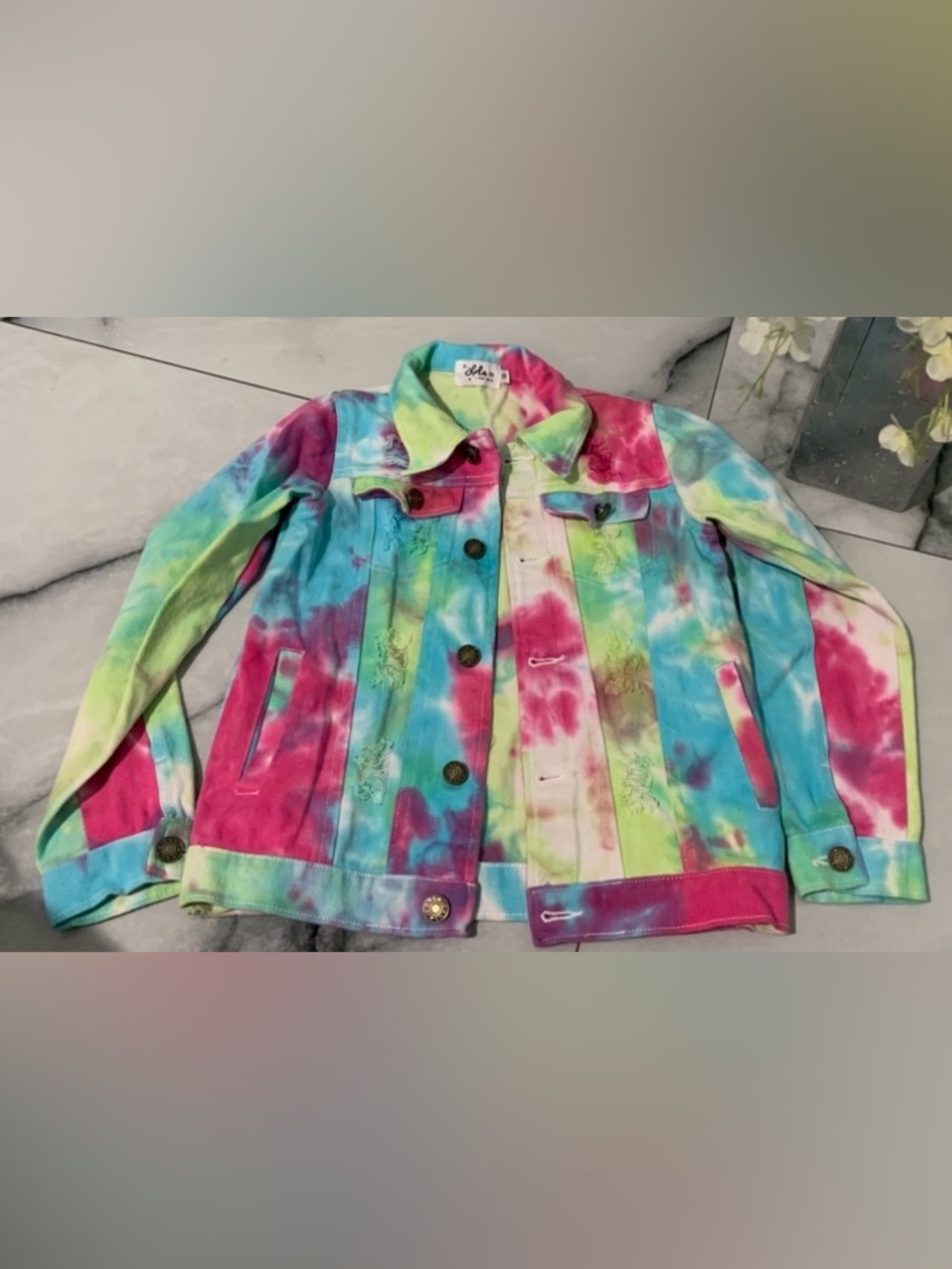 lola Kids Tie-Dye Denim Jacket in Blue, Pink, Green